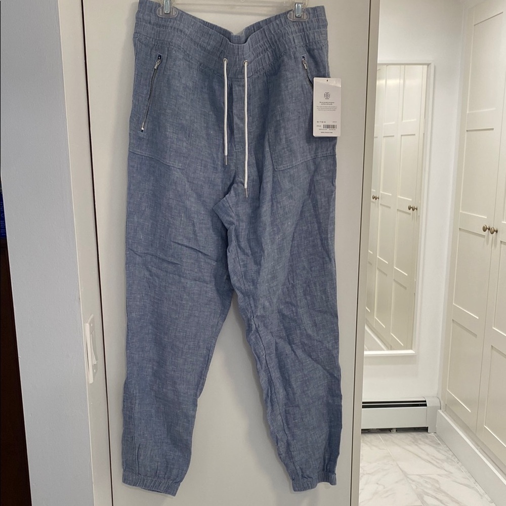 Casual Blue Linen Joggers with Zipper Pockets